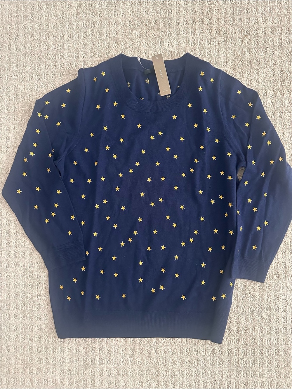 New J. Crew women sz L navy gold stars merino wool light weight sweater